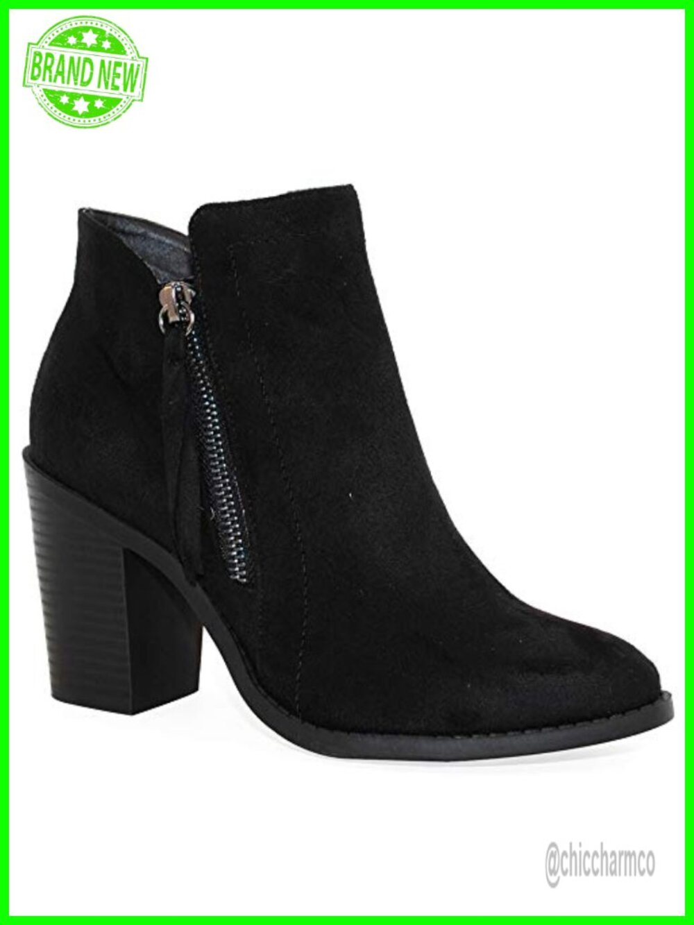 Faux Suede Ankle Booties Chunky Block Heel Side Zip Closure